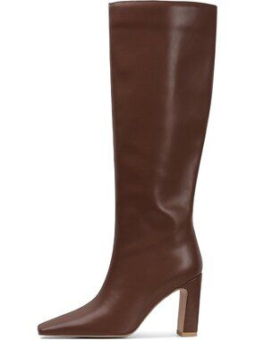Women's Brown Square Toe Chunky Heeled Boots with Side Zipper Tall Boots